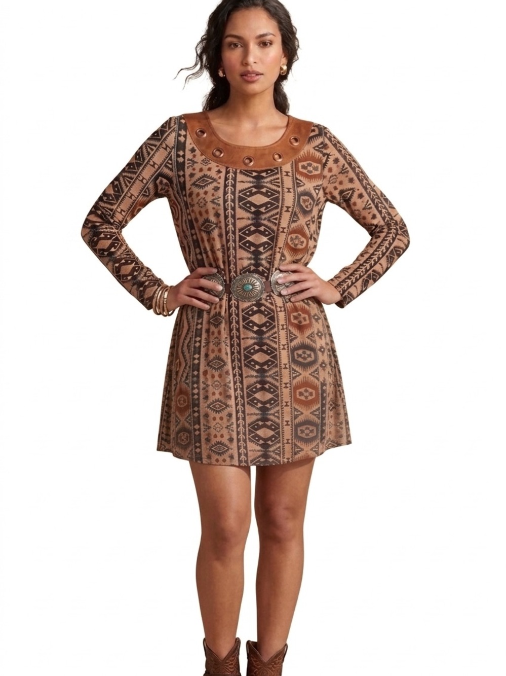 Western Cowgirl 70s 90s Aztec Long sleeve Dress Navajo Indigenous